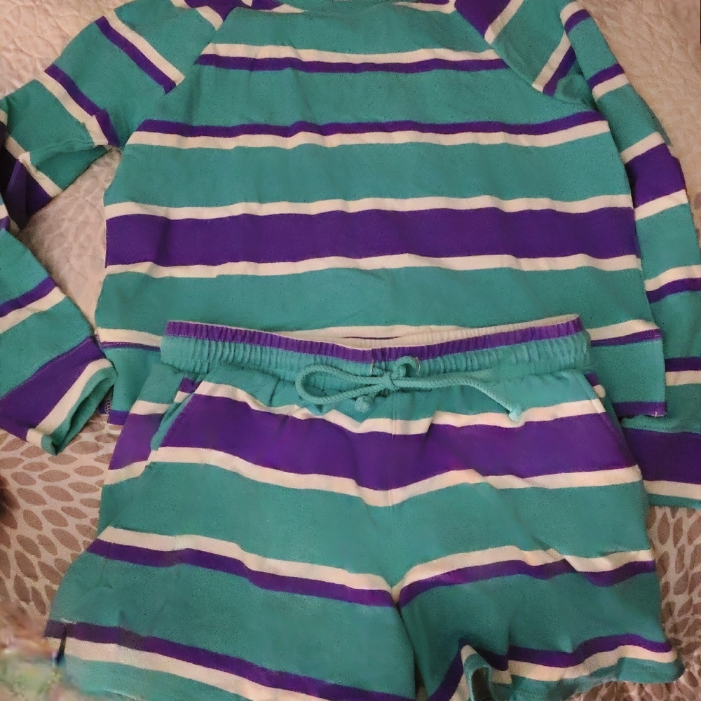 Wildfox 2-piece blue striped lounge top shorts set outfit women
